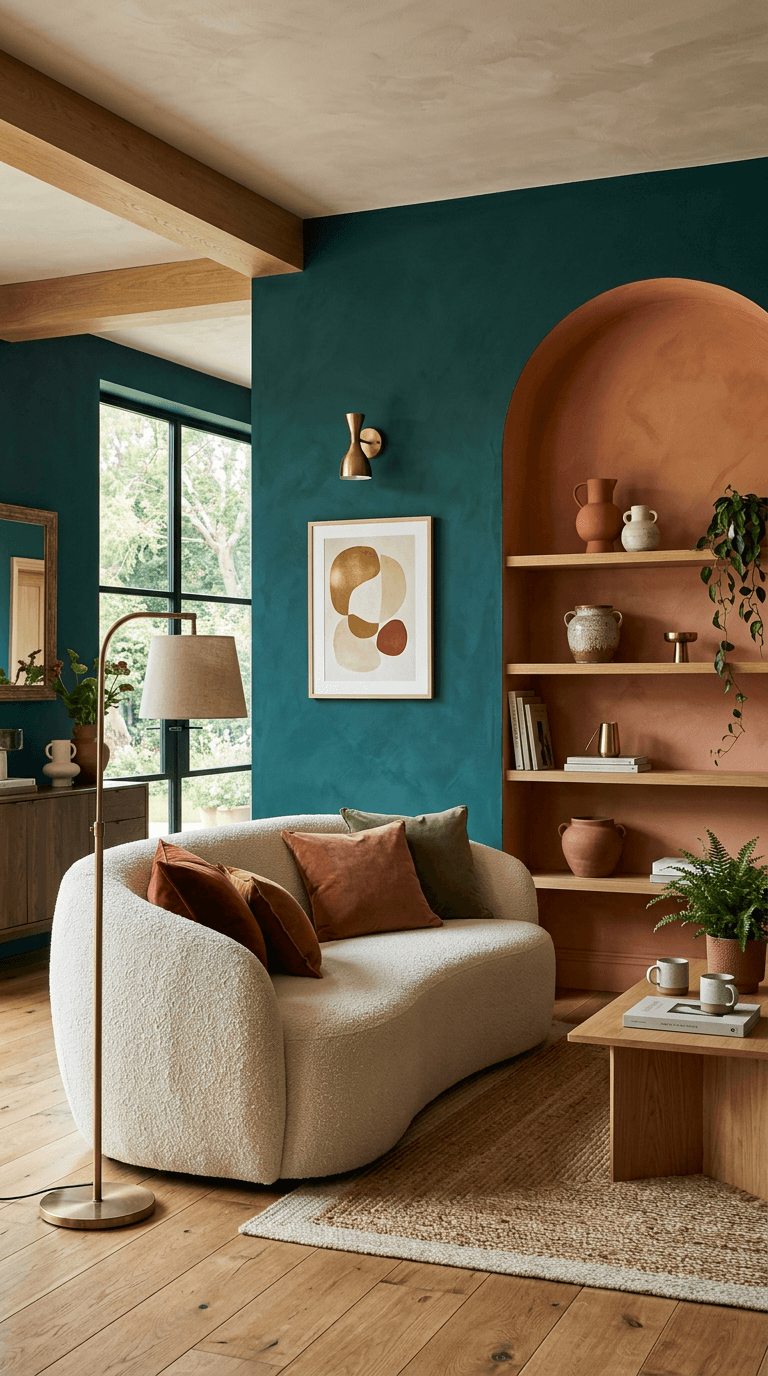 Living room with an emerald teal feature wall and a terracotta arched alcove painted by The Colour World